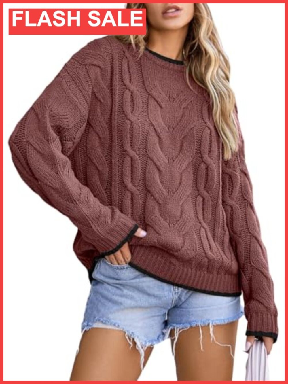 Womens Cable Knit Chunky Pullover Sweater Crewneck Long Sleeve